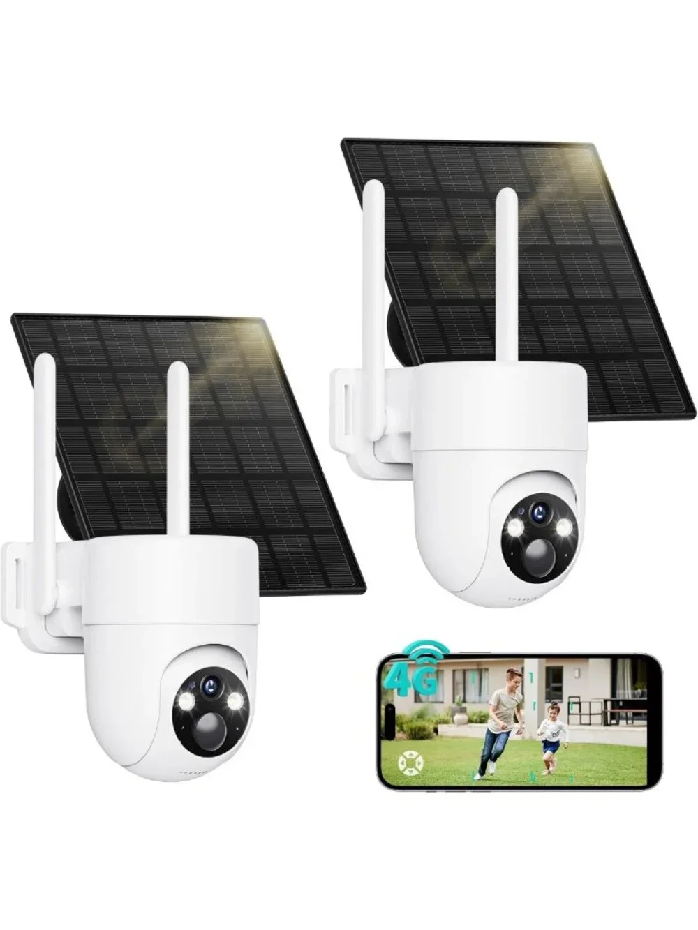2-Pack Solar Powered 4G LTE Security Cameras - 2K Wireless, No WiFi, Color Night